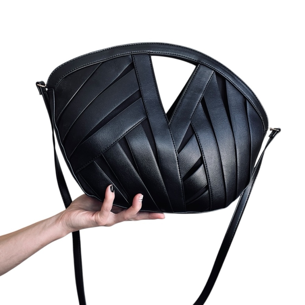 New ANTHROPOLOGIE Structured Woven Basket Bag Black Crossbody or Hand OS